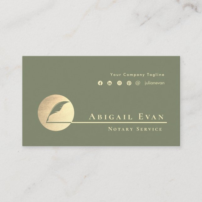 Modern Sage Green Gold Feather Logo Notary Service Business Card (Front)