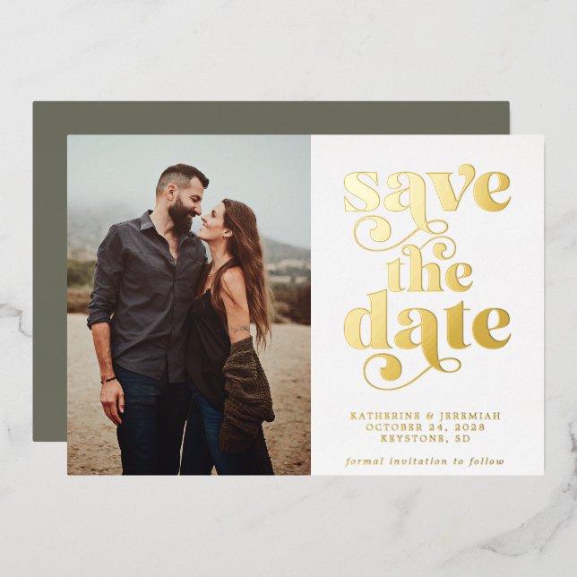 Modern Sage Green Gold Foil Photo Save the Date (Front/Back)