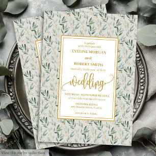 Modern Sage Green Gold Foliage Wedding Invitation