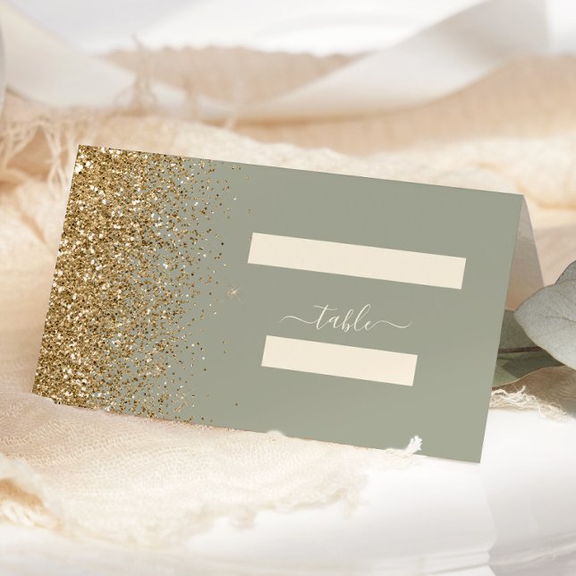 Modern Sage Green Gold Glitter Edge Wedding Place Card (Creator Uploaded)
