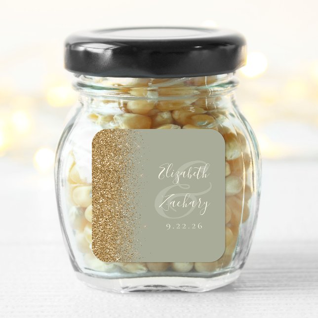 Modern Sage Green Gold Glitter Edge Wedding Square Sticker (Creator Uploaded)