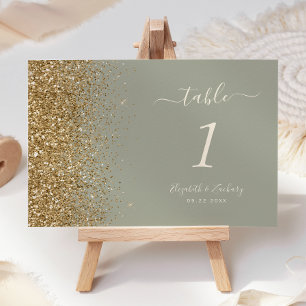 Modern Sage Green Gold Glitter Edge Wedding Table Number