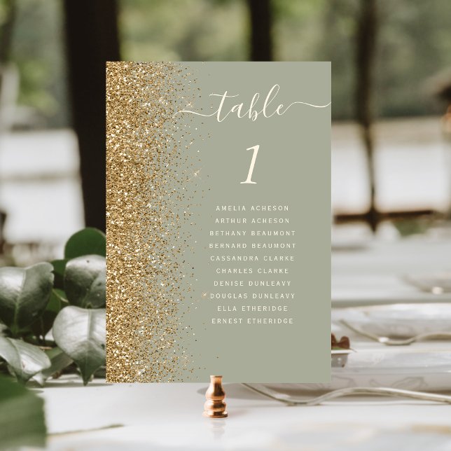 Modern Sage Green Gold Glitter Wedding Table Number (Creator Uploaded)