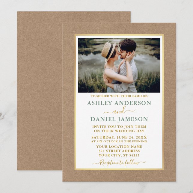 Modern Sage Green Gold Kraft Wedding Invitation (Front/Back)