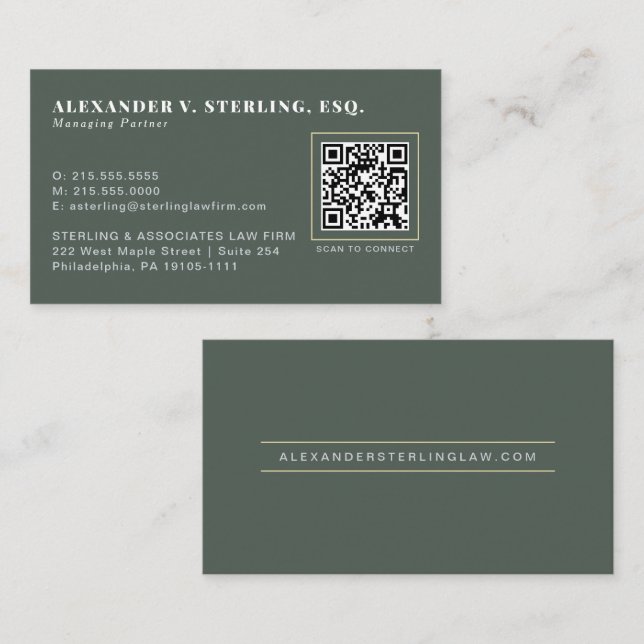 Modern Sage Green Gold QR Code Professional Business Card (Front/Back)