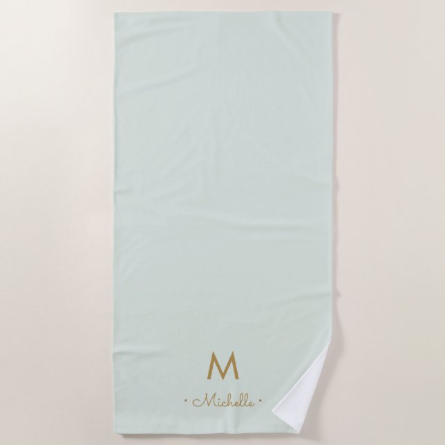 Modern Sage Green Gold Script Monogram Beach Towel (Front)