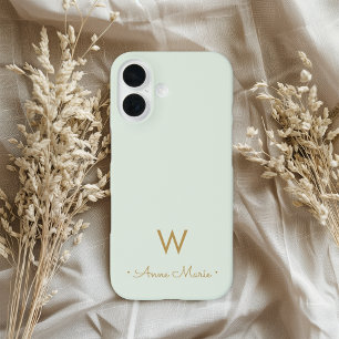 Modern Sage Green Gold Script Monogram iPhone 16 Case