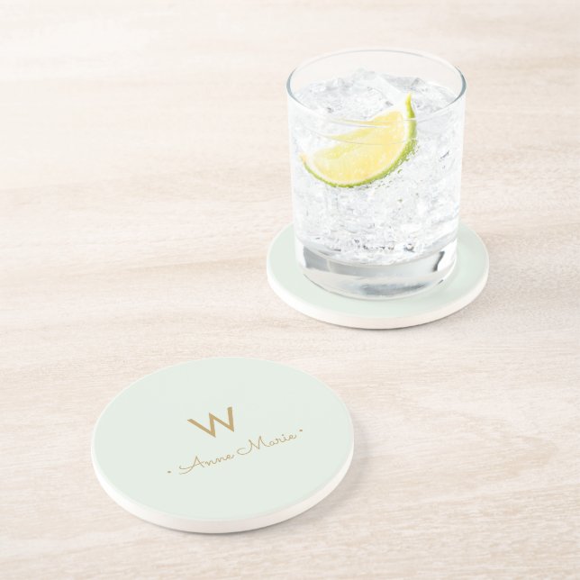 Modern Sage Green Gold Script Monogram Coaster (Side)