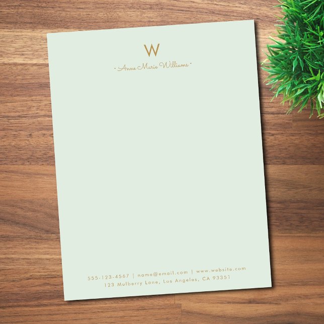 Modern Sage Green Gold Script Monogram Custom Letterhead (Creator Uploaded)