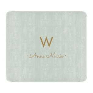 Modern Sage Green Gold Script Monogram Cutting Board