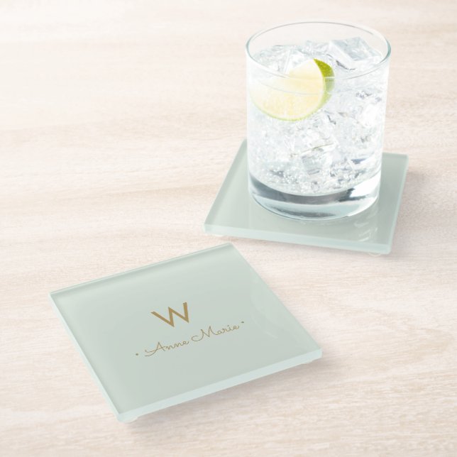 Modern Sage Green Gold Script Monogram Glass Coaster (Angled)