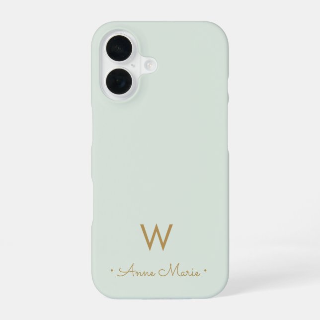 Modern Sage Green Gold Script Monogram iPhone 16 Case (Back)