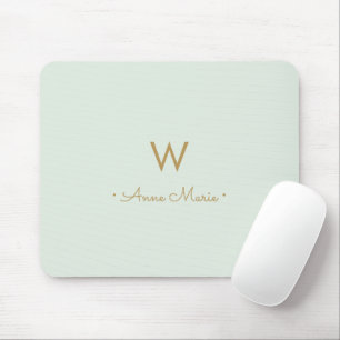 Modern Sage Green Gold Script Monogram Mouse Mat