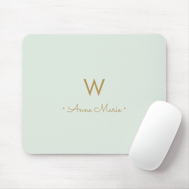 Modern Sage Green Gold Script Monogram Mouse Mat (With Mouse)
