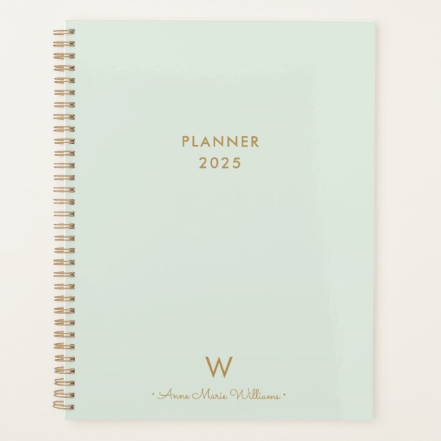 Modern Sage Green Gold Script Monogram Planner (Front)