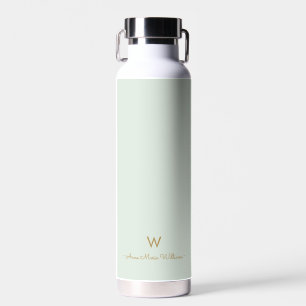 Modern Sage Green Gold Script Monogram Water Bottle
