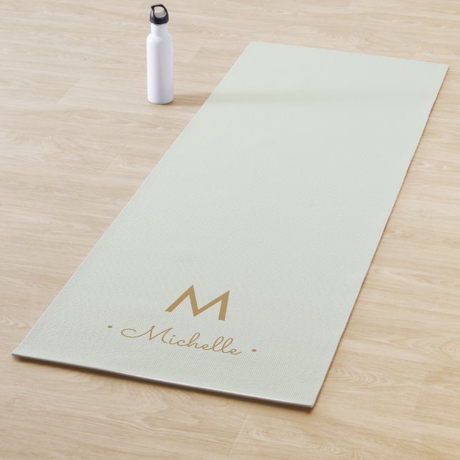 Modern Sage Green Gold Script Monogram Yoga Mat (In Situ)