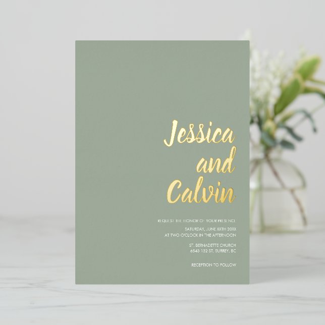 Modern Sage Green Gold Text Wedding Invitation  (Standing Front)