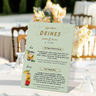 Modern Sage Green Gold Wedding Signature Drinks Pedestal Sign
