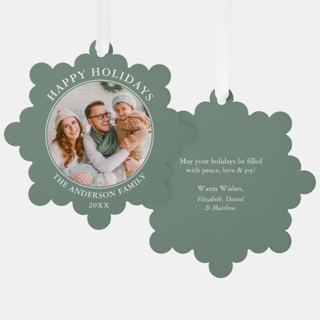 Modern Sage Green Happy Holidays Photo Tree Decoration Card (Front/Back)
