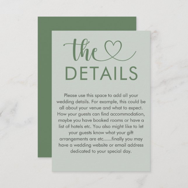 Modern Sage Green Heart Wedding Details Enclosure Card (Front/Back)