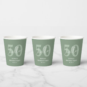 Modern Sage Green Hello Fifty 50th Birthday Custom Paper Cups
