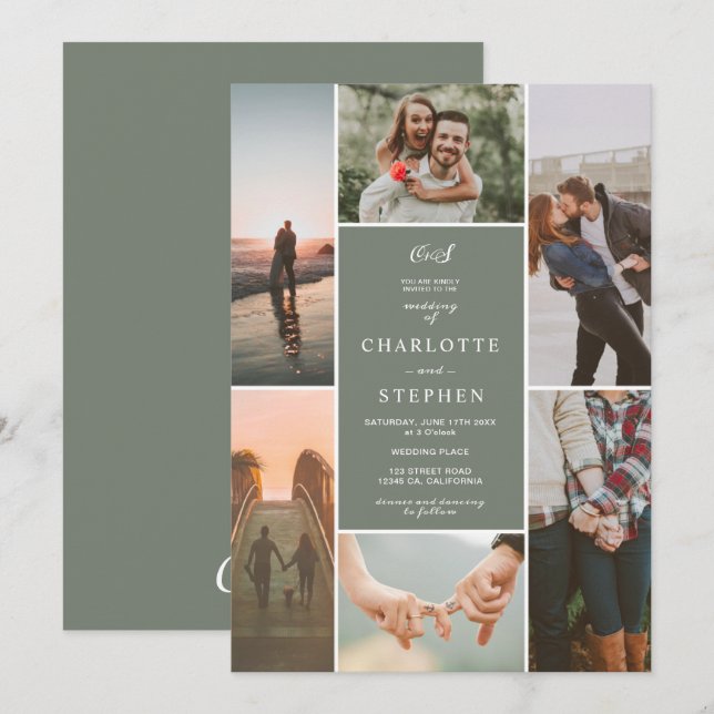 Modern sage green initials photo grid wedding invitation (Front/Back)