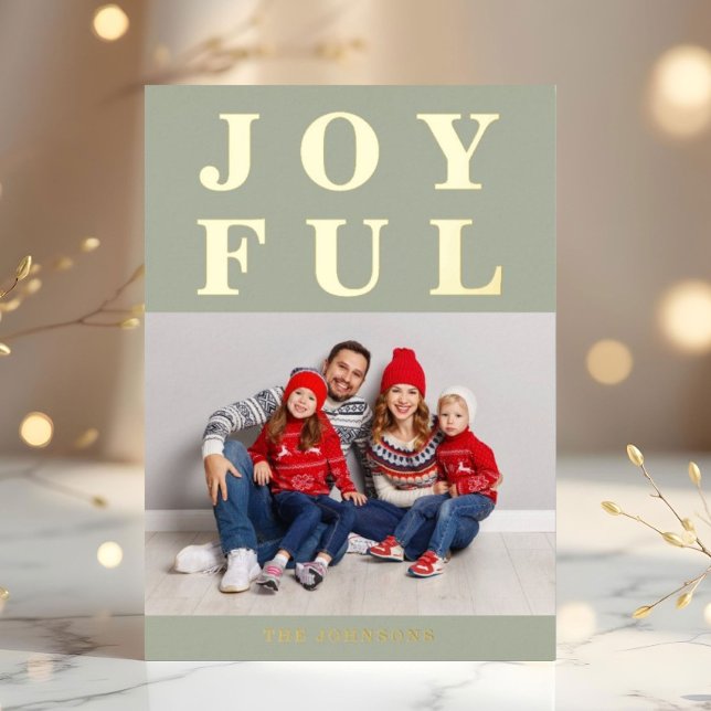 Modern Sage Green Joyful Photo Christmas Gold Foil Holiday Card (Modern Sage Green Joyful Photo Christmas Gold Foil Holiday Card)
