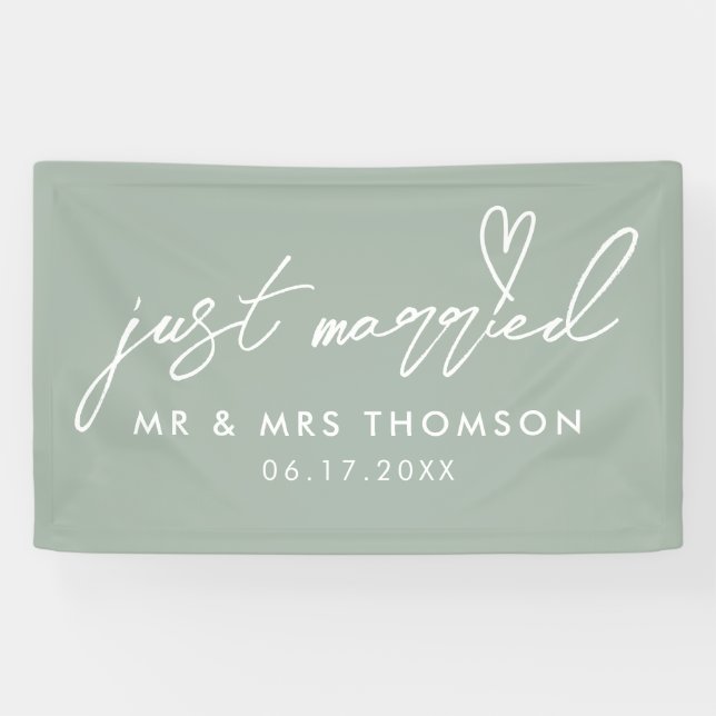 Modern Sage Green Just Married Elegant Wedding Banner (Horizontal)