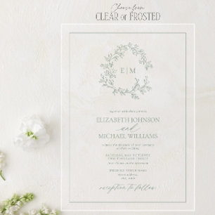 Modern Sage Green Leafy Crest Monogram Wedding Acrylic Invitations