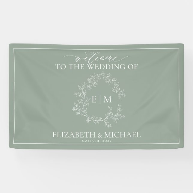 Modern Sage Green Leafy Crest Monogram Wedding Ban Banner (Horizontal)