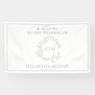 Modern Sage Green Leafy Crest Monogram Wedding Banner
