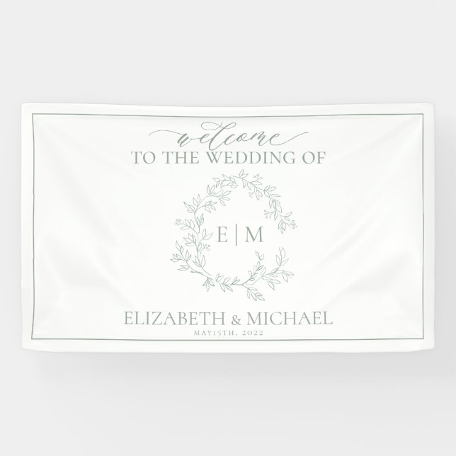 Modern Sage Green Leafy Crest Monogram Wedding Banner (Horizontal)