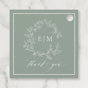 Modern Sage Green Leafy Crest Monogram Wedding Fav Favour Tags