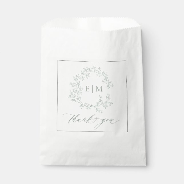 Modern Sage Green Leafy Crest Monogram Wedding Favour Bags (Front)