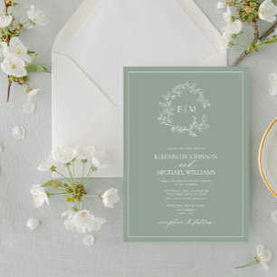 Modern Sage Green Leafy Crest Monogram Wedding Invitation
