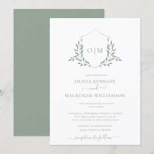 Modern Sage Green Leafy Crest Monogram Wedding Invitation