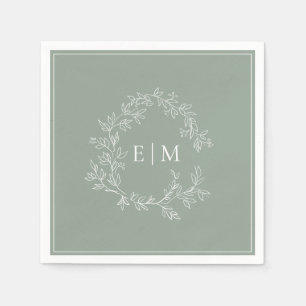 Modern Sage Green Leafy Crest Monogram Wedding Nap Napkin