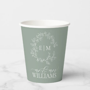 Modern Sage Green Leafy Crest Monogram Wedding Pap Paper Cups