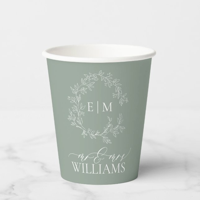 Modern Sage Green Leafy Crest Monogram Wedding Pap Paper Cups (Front)