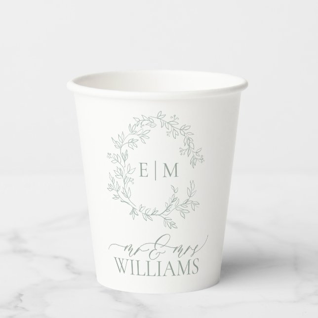 Modern Sage Green Leafy Crest Monogram Wedding Paper Cups (Front)