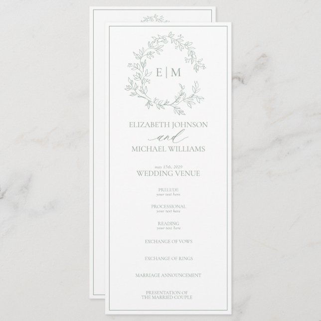 Modern Sage Green Leafy Crest Monogram Wedding Programme (Front/Back)
