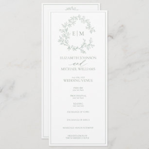 Modern Sage Green Leafy Crest Monogram Wedding Programme