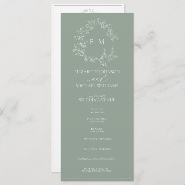 Modern Sage Green Leafy Crest Monogram Wedding Programme (Front/Back)