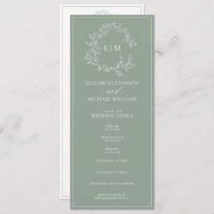 Modern Sage Green Leafy Crest Monogram Wedding Programme