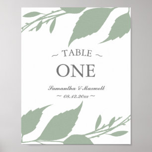 Modern Sage Green Leaves Table Number Poster
