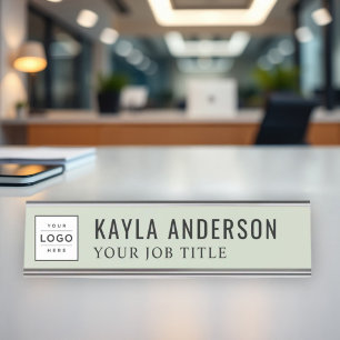 Modern Sage Green Logo Employee Desk Name Plate