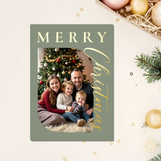 Modern Sage Green Merry Christmas Photo Foil Holiday Card