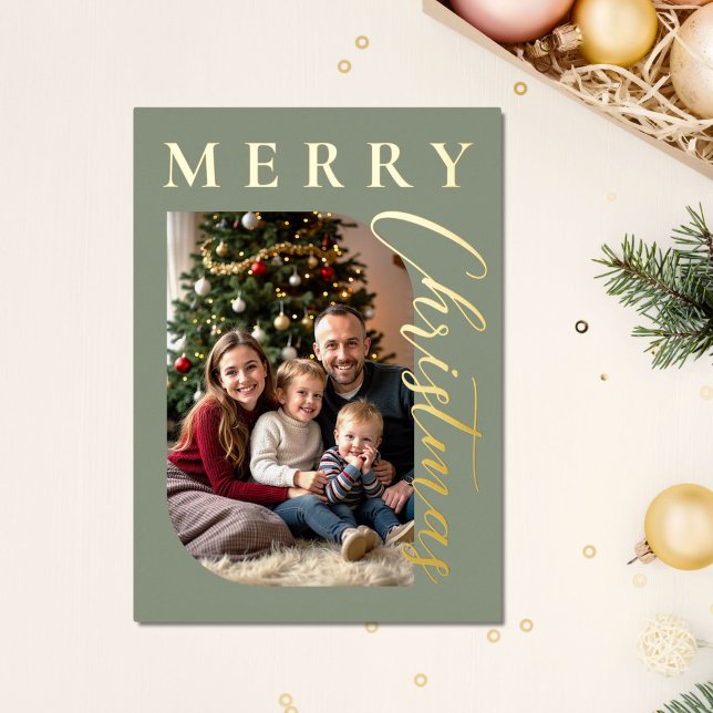 Modern Sage Green Merry Christmas Photo Foil Holiday Card (Creator Uploaded)