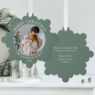 Modern Sage Green Merry Christmas Photo Tree Decoration Card